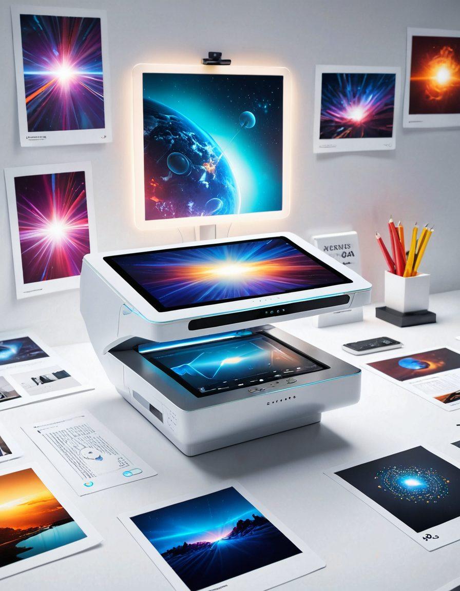 A dynamic workspace scene showcasing a sleek scanner emitting radiant beams of light onto vibrant digital thumbnails of various images floating around. Include a diverse collection of photographs, documents, and artwork transforming seamlessly into thumbnails that glow. Bright colors contrast against a white background, illustrating the effective storage and sharing of images. 3D elements with a futuristic touch enhance the technological theme. super-realistic. vibrant colors. white background.