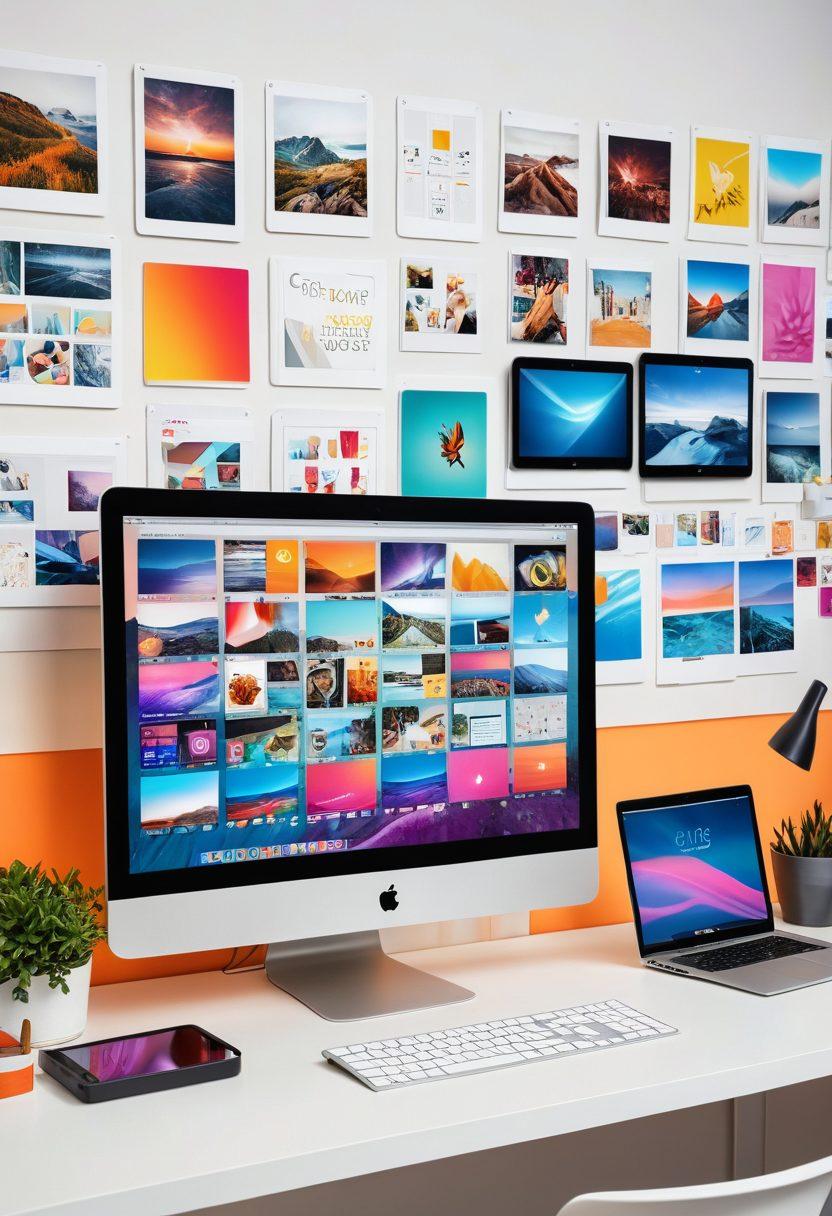 A beautifully organized workspace featuring multiple digital devices displaying stunning thumbnails and vibrant images. Include visual elements like a chaotic before-and-after contrast on screens, colorful icons representing various digital media, and tools for photo editing. The background should be bright and clean, suggesting productivity and creativity. Accentuate modern technology and user-friendly interfaces. super-realistic. vibrant colors. clean background.