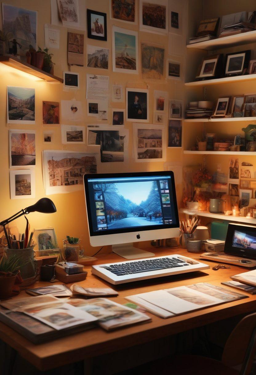 A creative workspace featuring a vintage scanner, vibrant thumbnails scattered around, and glowing digital screens displaying stunning images. A person enthusiastically scanning photos, surrounded by color palettes and design tools. A mood of inspiration and productivity in a cozy, well-lit environment. super-realistic. vibrant colors. warm lighting.
